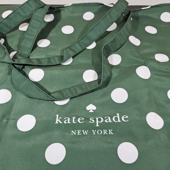 Kate Spade Reusable Large XL Green White Polka Dot Shopper Tote Foldable Bag NEW - Picture 2 of 5